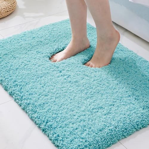 ILANGO Teal Bathroom Rugs 36" × 24" Non Slip & Super Absorbent Extra Thick Soft, Washable Bath Mat for Floor, Microfiber Plush Shaggy Bath Rug with Rubber for Bathtub Shower Room Sink