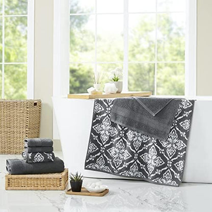 Modern Threads Amaris 6-Piece Reversible Yarn Dyed Jacquard Towel Set - Bath Towels, Hand Towels, & Washcloths - Super Absorbent & Quick Dry - 100% Combed Cotton, Coal