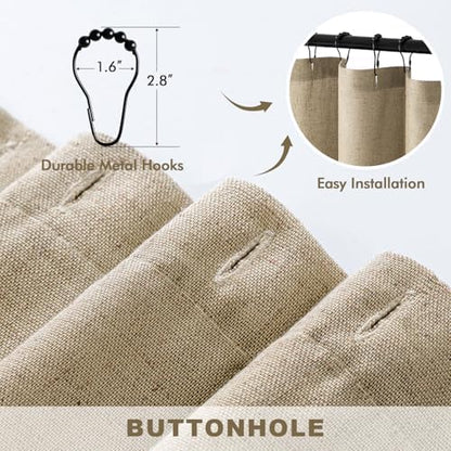 MIULEE W72*L84 Extra Long Linen Shower Curtain Khaki 12 Metal Hooks