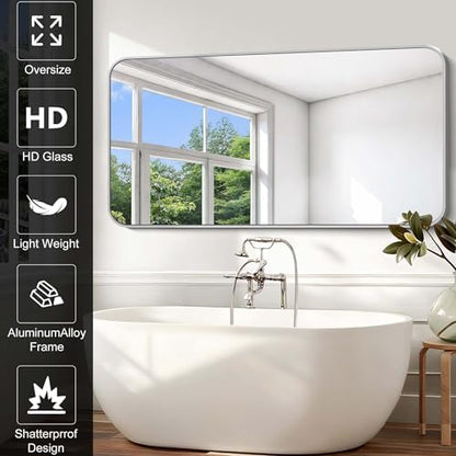 Silver Bathroom Mirror, 72 x 36 Inch Large Rectangle Mirror, Rectangular Vanity Mirror Aluminum Metal Frame, Rounded Corner Wall Mirror for Living Room Bedroom Entryway Horizontal/Vertical