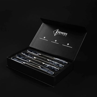 SENKEN 8-Piece Japanese Knife Set - Black Resin Handle, Laser Damascus Pattern - Onyx Collection - Chef's Knife, Cleaver, Santoku, Bread & Paring Knives