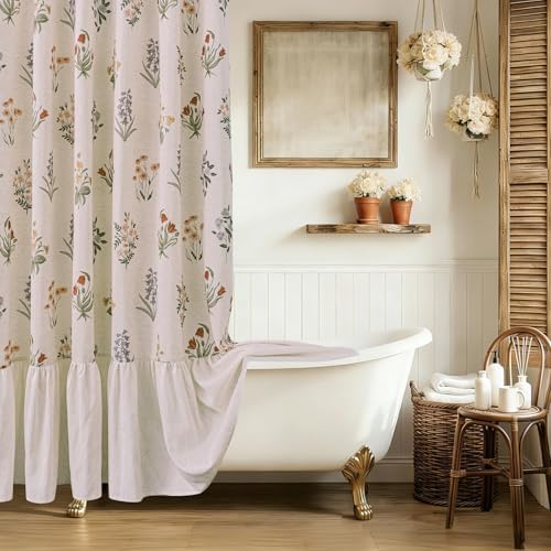 ORTIGIA Linen Textured Ruffle Shower Curtain with Metal Hooks, Vintage Boho Farmhouse Floral Linen Cottagecore Shower Curtain Bathroom Waterproof 72x72 Inch