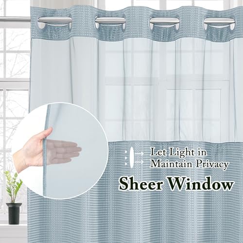Gibelle No Hook Waffle Weave Shower Curtain with Snap-in Fabric Liner Set for Bathroom, Hotel Style with Mesh Top Window, Waterproof & Washable, Fog Blue, 72x74
