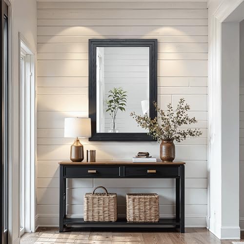 Farmhouse Rustic Wood Framed Bathroom Vanity Mirror for Wall, 20x30, Black
