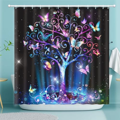 Shower Curtain Butterfly Tree, Shower Curtain for Bathroom, Fluorescence Tree Shower Curtain Sets with 12 Hooks Waterproof Polyester Fabric Machine Washable Home Office Farmhouse Decor Bath Curtains