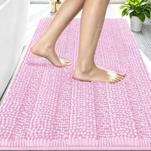 Smiry Thick Small Chenille Bathroom Rugs 24x16, Absorbent Bath Mat, Pink