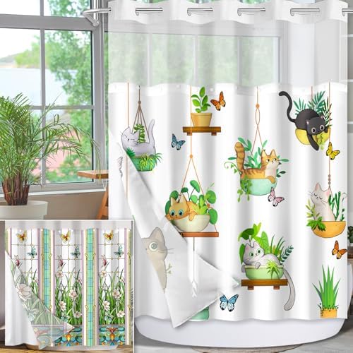 No Hook Shower Curtain Snap in Liner with 2 Replaceable Curtain Panels Pattern Waterproof Fabric Washable Shower Curtain Set for Bathroom Bathtub, Hotel Style with See Through Mesh Top Window 71 x 74"