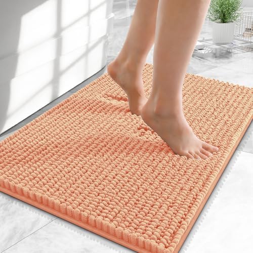OLANLY Thick Chenille Small Bathroom Rugs 24x16, Absorbent Bath Mat, Peach