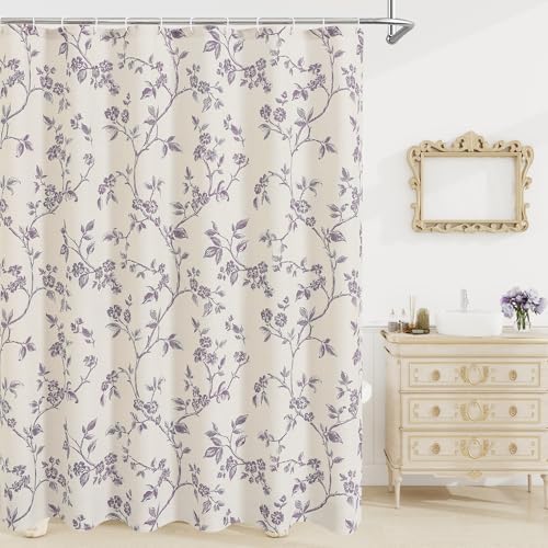 MitoVilla Extra Long Shower Curtain Set 72 x 84, Cotton Floral Cottagecore Spring Shower Curtains for Bathroom, Modern Farmhouse Country Plant Leaves Bathroom Décor