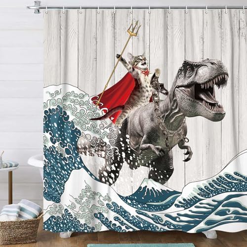 Funny Cat Shower Curtain, Cool Cat Dinosaur Japanese Ocean Wave Shower Curtain, Cat Riding Dinosaur Fun Shower Curtain Nautical Kids Children Rustic Wooden Farmhouse Shower Curtain, 72X78inch, Brown