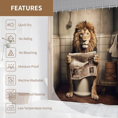 Farmhouse Funny Lion Shower Curtain for Bathroom 72W*72H Inch Brown Humor Animal Reading on Toilet Bathtub Decor Boho Western Country Animal Waterproof Polyester Fabric Set with 12 Hooks