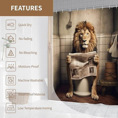 Farmhouse Funny Lion Shower Curtain for Bathroom 72W*72H Inch Brown Humor Animal Reading on Toilet Bathtub Decor Boho Western Country Animal Waterproof Polyester Fabric Set with 12 Hooks
