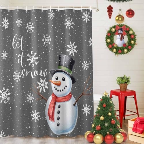 Christmas Snowman Shower Curtain Bathroom Set Xmas Snowflakes Gray Waterproof Shower Curtains with Grommets Hooks Winter Snow Privacy Bath Curtain for Bathtub Decor 60x72in