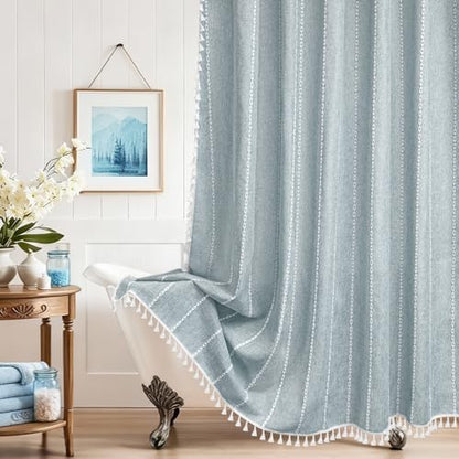 Seenus Boho Chic Shower Curtain Heavyweight with Tassels, 72 x 72 inch Sky Blue Linen Textured Fabric Shower Curtain, Country Farmhouse Striped Bathroom Decor Curtain Water Repellent
