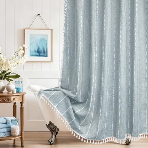 Seenus 72 x 76 inch Extra Long Boho Chic Shower Curtain Heavyweight with Tassels, Soft Linen Textured Fabric Farmhouse Shower Curtain, Misty Blue Elegant Bathroom Decor Curtain Water Repellent