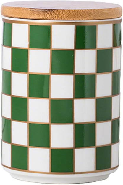 Kitchen Countertop Ceramic Checkered Canisters,Black And White Food Storage Containers With Lid,Airtight Kitchen Canisters for Flour, Sugar, Coffee, Tea, and Dry Goods (Green, Small)