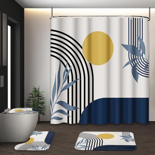Bathroom Sets with Shower Curtain and Rugs, Boho Geometric 4 Pcs,