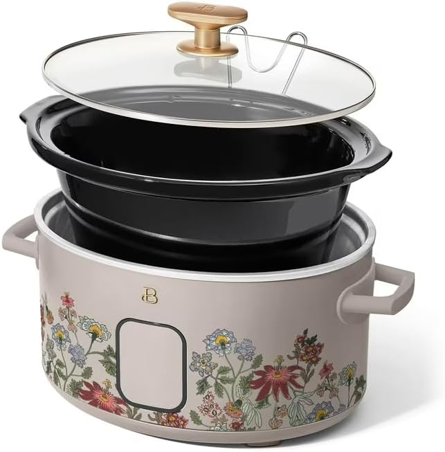 B 6 Qt Programmable Slow Cooker with Digital Timer, 5 Cooking Functions, Removable Ceramic Pot, Tempered Glass Lid, Dishwasher Safe (Wildflower Porcini Taupe)