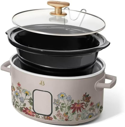 B 6 Qt Programmable Slow Cooker with Digital Timer, 5 Cooking Functions, Removable Ceramic Pot, Tempered Glass Lid, Dishwasher Safe (Wildflower Porcini Taupe)
