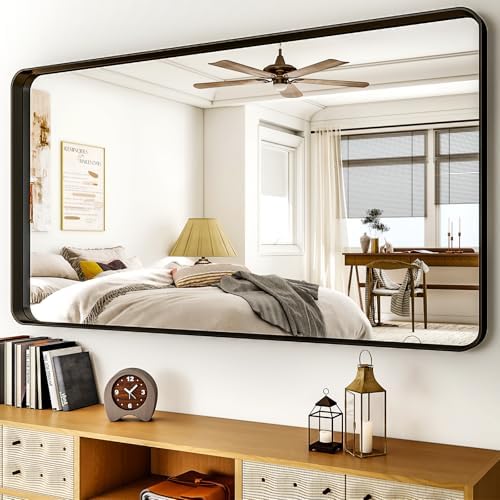 55"x 30" Black Bathroom Mirror - Aluminum Framed Wall Mirror, Bathroom Wall Mounted Vanity Mirror, Modern Bathroom Mirror, Bedroom, Living Room Wall Mirror, Hang Horizontally or Vertically