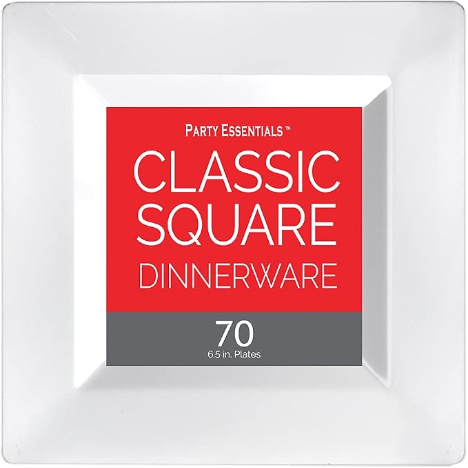 Party Essentials Party Supplies Disposable Classic Square Plastic Plates For Wedding/All Occasions, 6.5", 70-Count, White