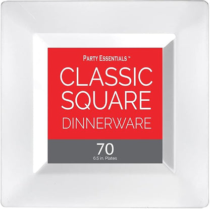 Party Essentials Party Supplies Disposable Classic Square Plastic Plates For Wedding/All Occasions, 6.5", 70-Count, White
