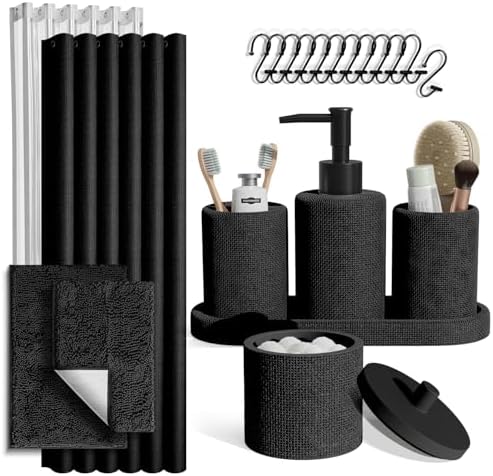Clara Clark Black Bathroom Set - Bathroom Sets with Shower Curtain and Rugs, 21PC Bathroom Accessory Set, Shower Curtain Set with Soap Dispenser & Toothbrush Holder