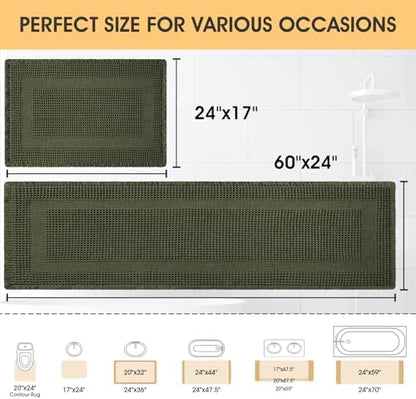 Waffle Bath Mat Set 2 Piece, Boho Woven Modern Bath Rug Absorbent Non Slip, Ultra Soft Bathroom Mats, Machine Washable Knit Bath Rugs with Tassels for Bathroom, Bedroom, Kitchen, Shower, Dark Green