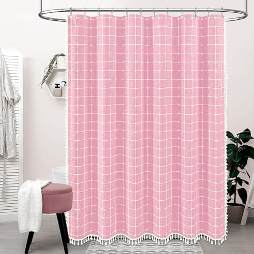 BTTN 72x78 Boho Farmhouse Linen Heavy Duty Fabric Shower Curtain Set, Pink