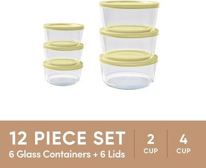 12-Piece Glass Food Storage Containers Set (6 Containers + 6 BPA-Free Lids) | 2-Cup & 4-Cup, Leakproof | Microwave, Freezer, Oven & Dishwasher Safe | Ideal for Meal Prep & Pantry Organization, Yellow