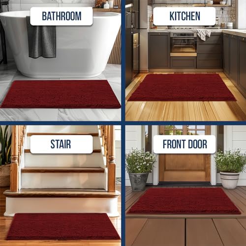 Muddy Mat Chenille Bathroom Rugs Quick Dry Microfiber Mats Non Slip Washable, Extra Thick, Soft and Highly Absorbent Bath Mats for Bathroom, Kitchen, and Shower Floor - Red Medium 30"X19"