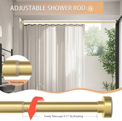 Gold Shower Curtain Rod 34-66 Inches(2.8-5.5ft) Never Rust Adjustable Shower Rod Spring Tension Non Slip No Drilling Shower Rods for Bathroom Garland Window (Pack of 2)
