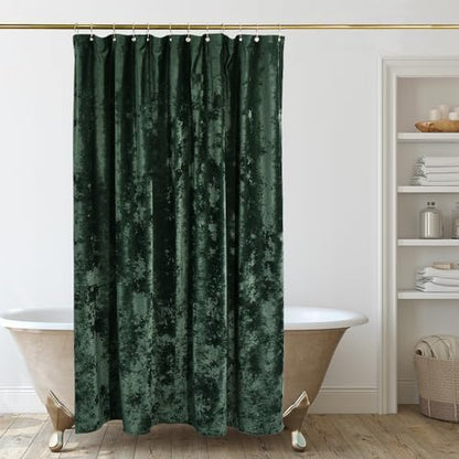 TAMGHO Extra Long Shower Curtain 84 inch Height, Crushed Velvet XL Shower Curtain Set with 12 Gold Hooks, Waterproof Thick Fabric, Machine Washable, 72W x 84H, Dark Green