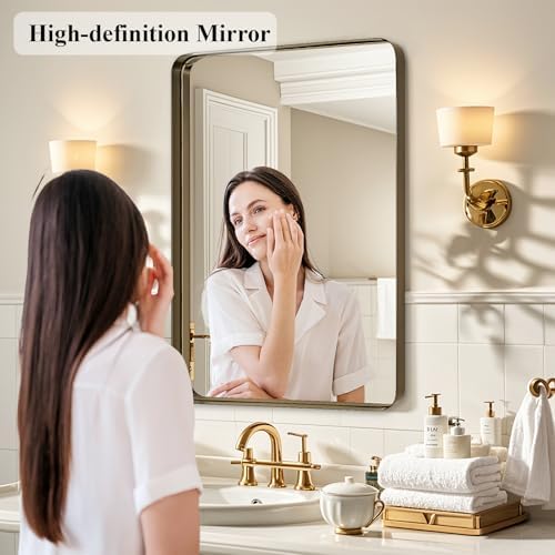 Fabuday Bathroom Wall Mirror 32x24 Inch - Bronze Metal Frame Over Sink Mirror for Bathroom, Rustic Bathroom Mirrors for Bedroom, Farmhouse, Hallway, Living Room Decor, Horizontal or Vertical Hanging