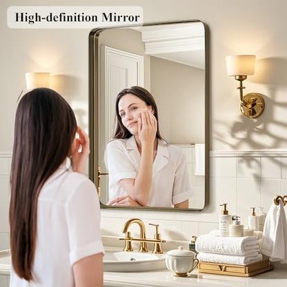 Fabuday Bathroom Wall Mirror 32x24 Inch - Bronze Metal Frame Over Sink Mirror for Bathroom, Rustic Bathroom Mirrors for Bedroom, Farmhouse, Hallway, Living Room Decor, Horizontal or Vertical Hanging
