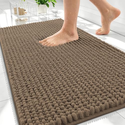 OLANLY Thick Chenille Bathroom Rugs 30x20, Soft Absorbent Bath Mat, Tan