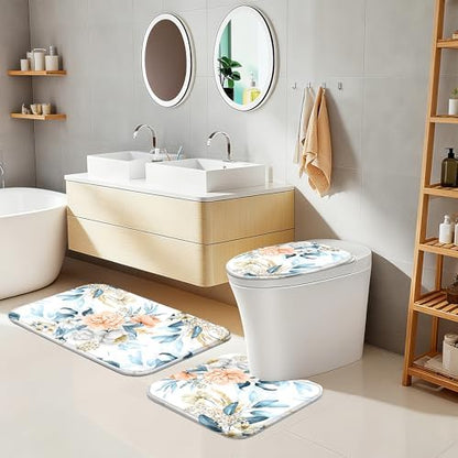 16 PCS Floral Bathroom Shower Curtain Set with Rugs 12 Metal Hooks,72 x 72"