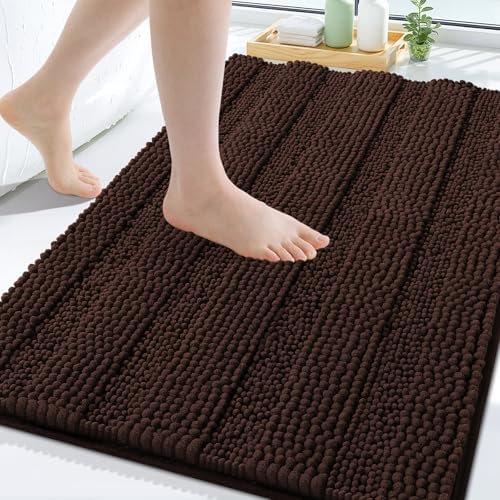 Grandaily Chenille Striped Bathroom Rugs 47x32, Extra Thick and Soft Absorbent Bath Mats, Rubber Backing, Plush Shaggy Shower Carpet, Machine Wash Dry, Bath Rug for Bathroom, Dark Brown