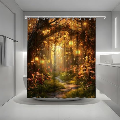Fantasy Forest Path Shower Curtain Fall Fairy Magical Enchanted Misty Jungle Mushroom Floral Tree Butterfly Lantern Wonderland Bath Curtain Fabric Bathroom Accessories Decor with Hooks 90W x70L