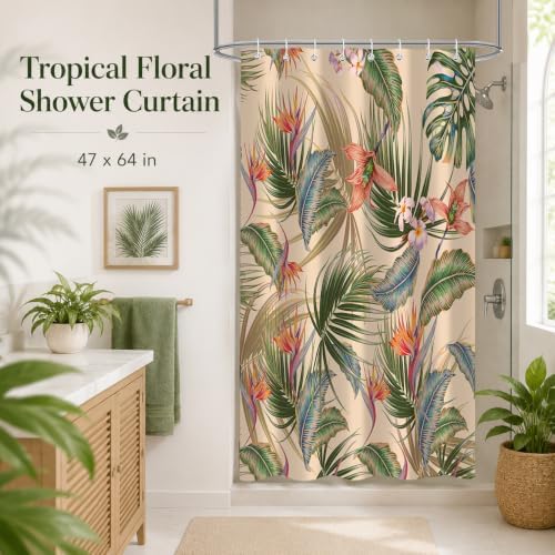 Tropical Shower Curtain, Colourful Leaves Floral Palm Leaf Hawaiian Botanical Plant Bathroom Decor, Waterproof Cloth Fabric Bath Curtain with Hooks 47 x 64 inch