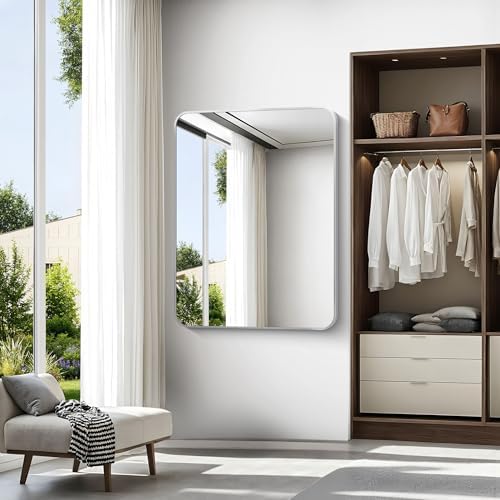 Silver Bathroom Mirror,36x48 inch Wall Mirror for Bathroom Wall Mounted,Rectangle Mirror for Bathroom Over Sink,Modern Frame Round Corner for Living Room,Bedroom Entryway,Horizontal/Vertical
