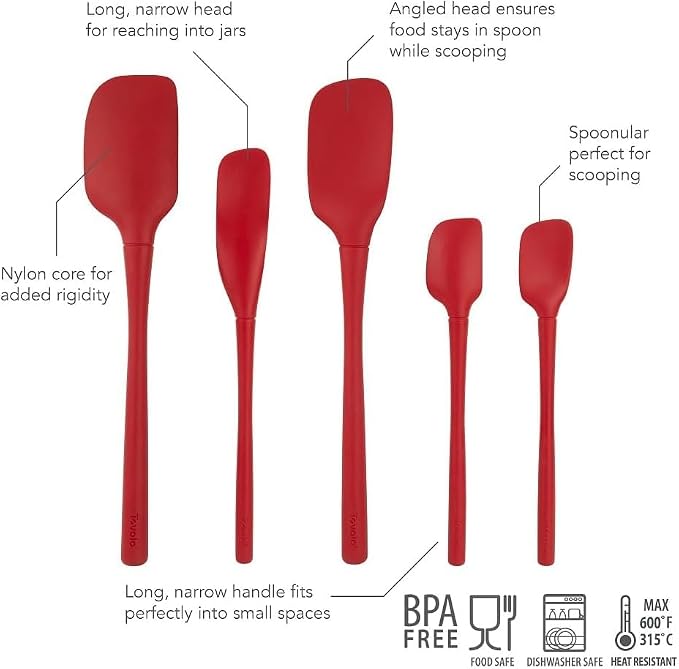 Tovolo Flex Core 5 Piece Silicone Spatula Set Heat Resistant All Silicone Utensils Include Non Stick Spatula Spoonula Jar Scraper, Dishwasher Safe BPA Free Spatulas for Baking Mixing, Cayenne Red