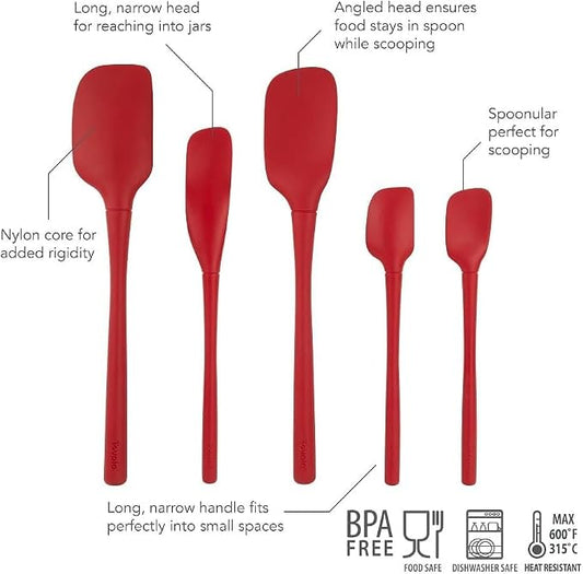 Tovolo Flex Core 5 Piece Silicone Spatula Set Heat Resistant All Silicone Utensils Include Non Stick Spatula Spoonula Jar Scraper, Dishwasher Safe BPA Free Spatulas for Baking Mixing, Cayenne Red