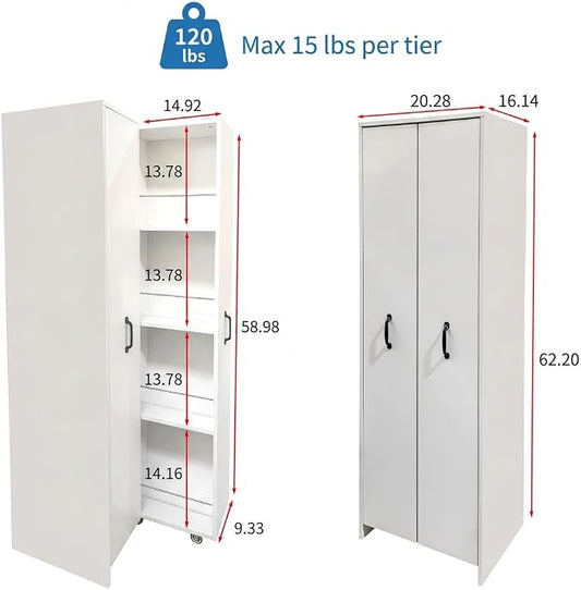 Double Pull Out Pantry Cabinet, Slim Rolling Storage Cart for Kitchen & Home Office, 8-Tier Wood Rolling Pantry Cart Gap Filler for Laundry Room, Dustproof Slide Out Organizer, 62" H White