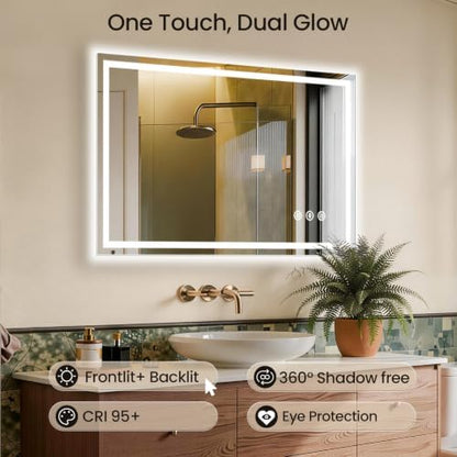 48"x40" LED Bathroom Mirror with Anti-Fog, Backlit & Front Lights, Memory