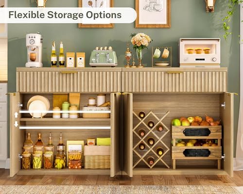 TEENFON 31.5" W Fluted Buffet Cabinet with Storage, Sideboard Cabinet, Coffee Bar Cabinet with 2 Doors and Adjustable Shelf for Living Room, Kitchen, Entryway, Natural