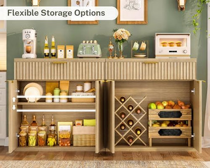 TEENFON 31.5" W Fluted Buffet Cabinet with Storage, Sideboard Cabinet, Coffee Bar Cabinet with 2 Doors and Adjustable Shelf for Living Room, Kitchen, Entryway, Natural