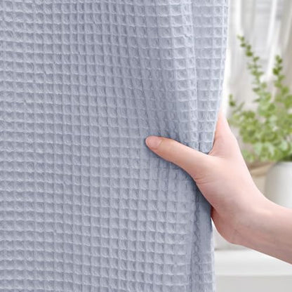 Waffle Weave Shower Curtain Heavyweight Cotton Fabric Misty Blue 72Wx75L