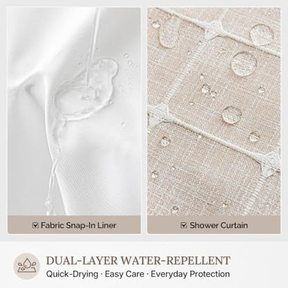 RiverDream Farmhouse No Hooks Shower Curtain with Snap-in Liner,Linen,71x86