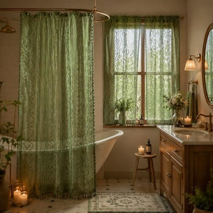 WAZZIO Dark Sage Green Lace Shower Curtain for Bathroom 72" W x 84" L, Victorian Farmhouse Floral Pattern Tassel Fancy Shower Curtain Boho Washable Cloth Decorative Bath Curtains,1 Panel